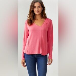Eileen Fisher Pink 100%Linen Stretch Asymmetric Front Long Sleeve Tunic Top